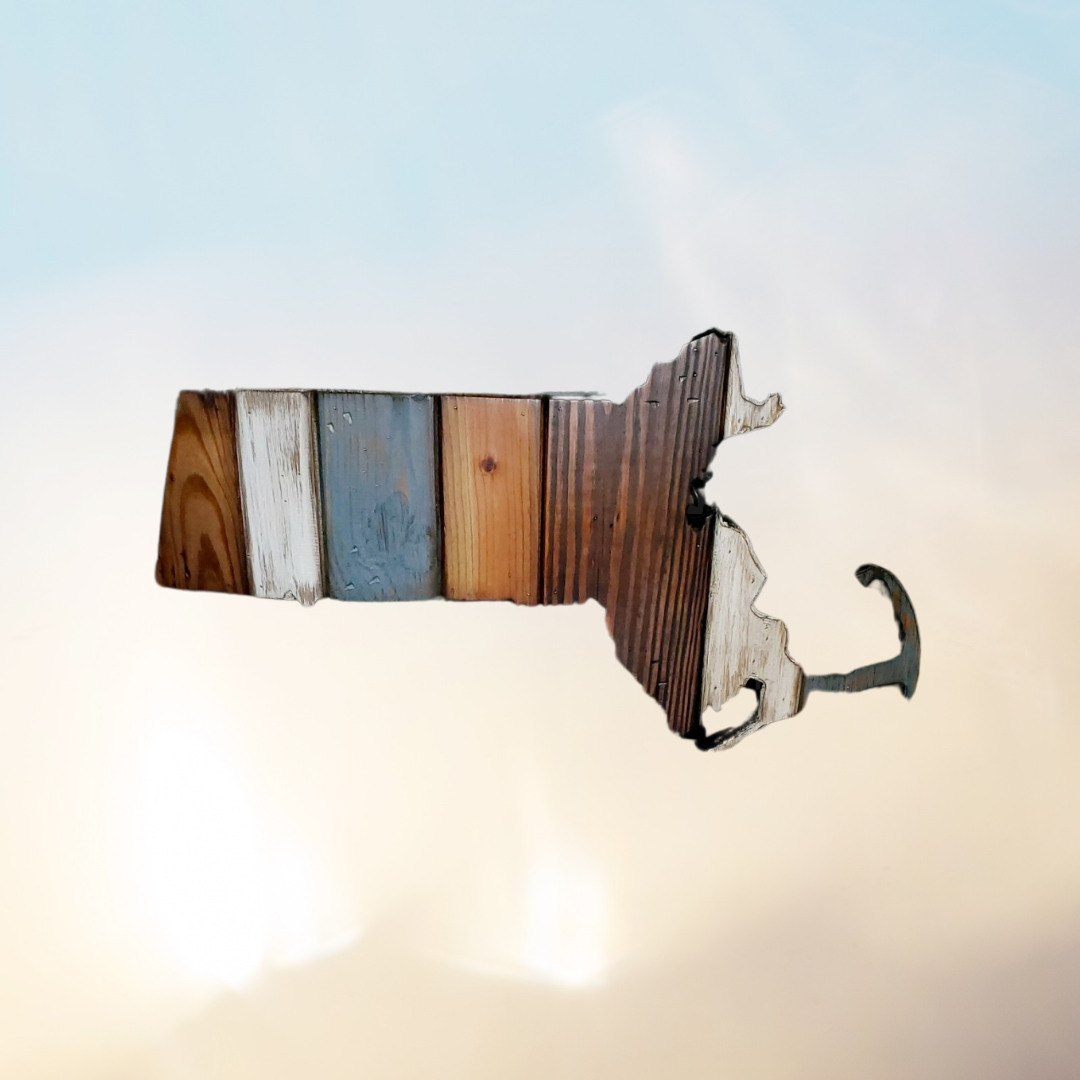 Handcrafted Massachusetts state wall art with distressed finish and natural wood character