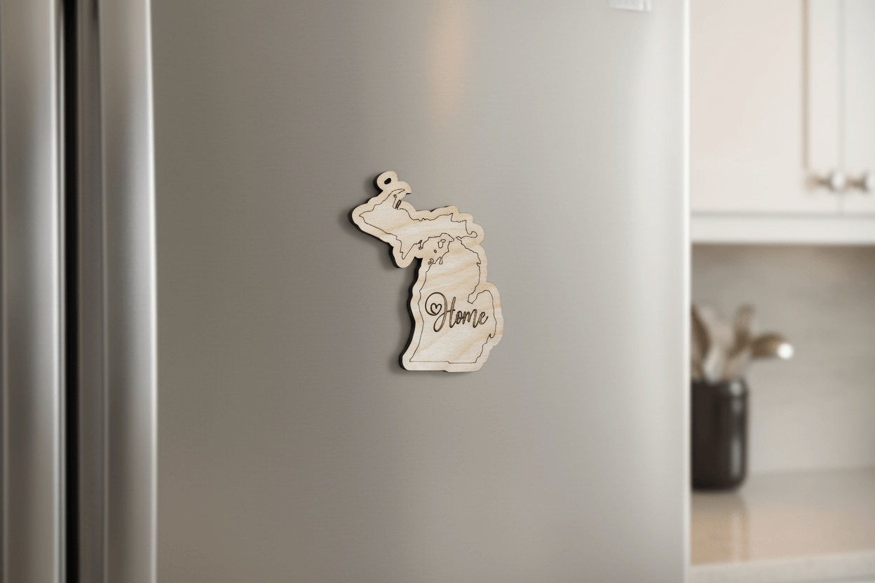 State shaped wood magnet on refrigerator, handmade kitchen decor, farmhouse home, vacation memory keepsake gift