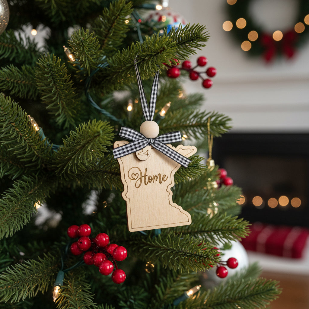 Decorative Minnesota ornament hanging from a holiday tree item with a red flower, wooden year tag.