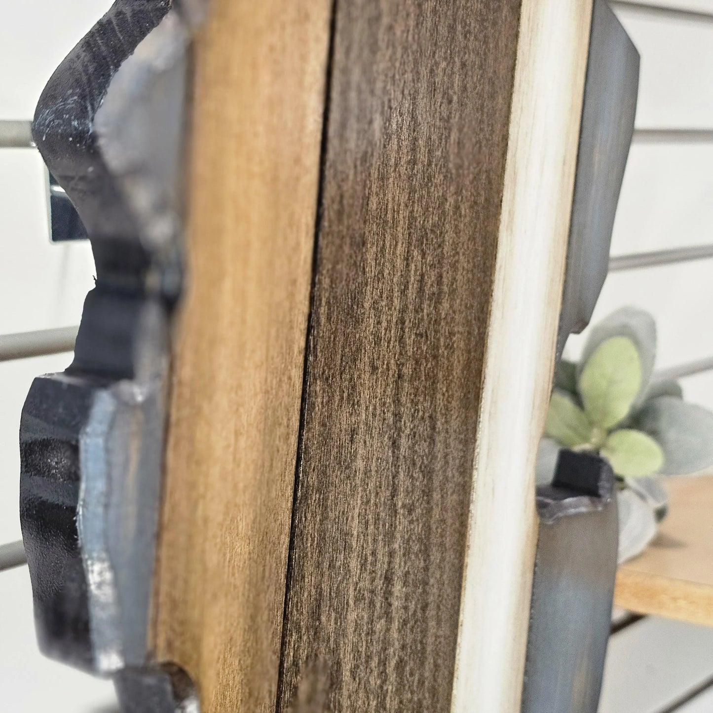 Close-up rustic New Jersey wood grain detail, handcrafted state wall art, farmhouse decor quality