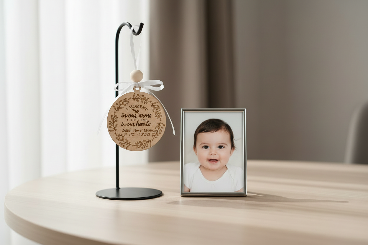 Round wooden ornament with text and a small photo frame with a baby's photo on a table.