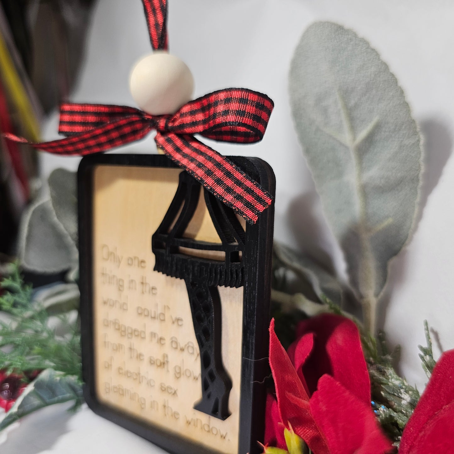 Christmas Story Leg Lamp Wooden Ornament - Engraved Quote with Rustic Charm