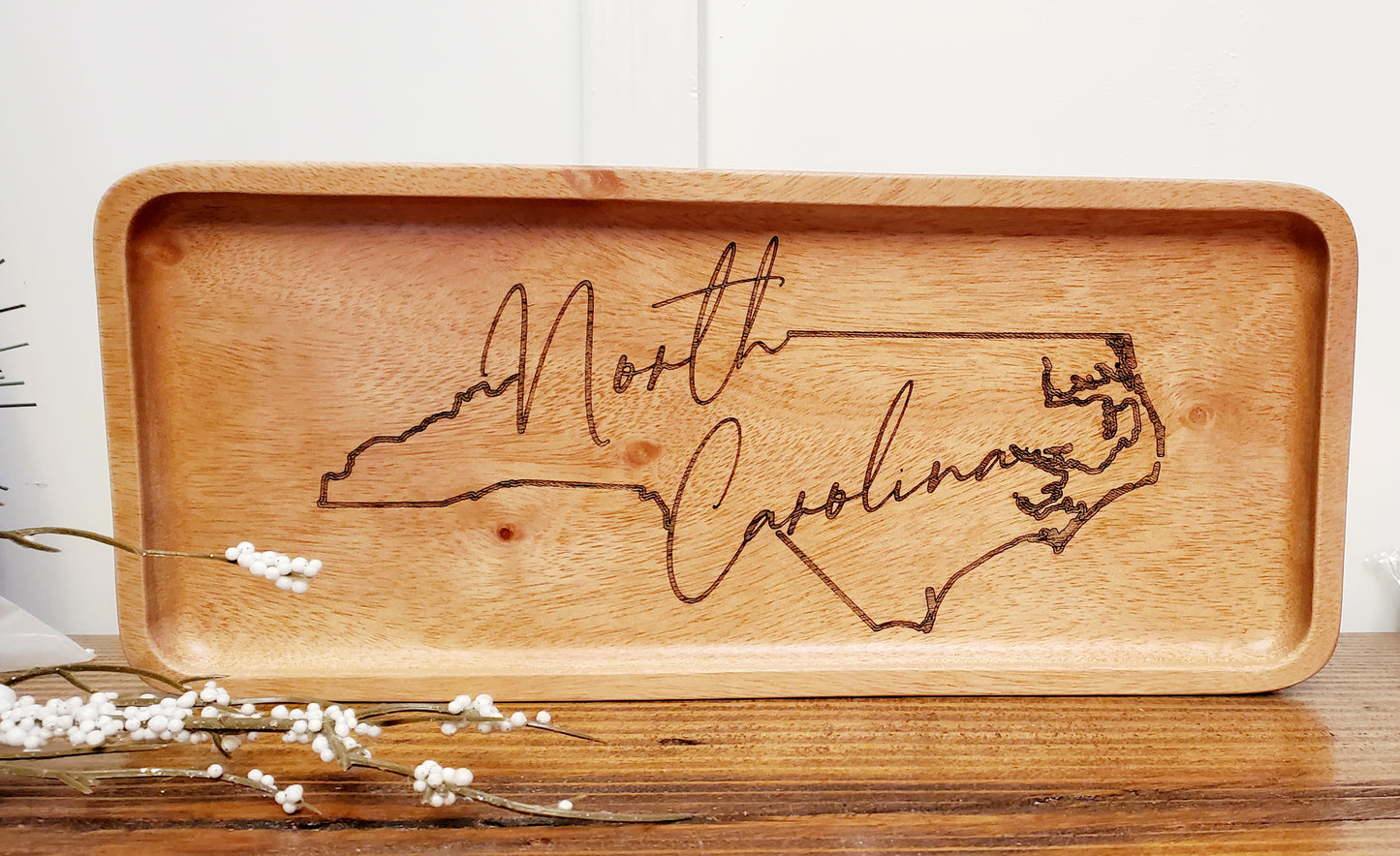 Sleek, North Carolina outline -Engraved, Solid Wood Platter/Tray
