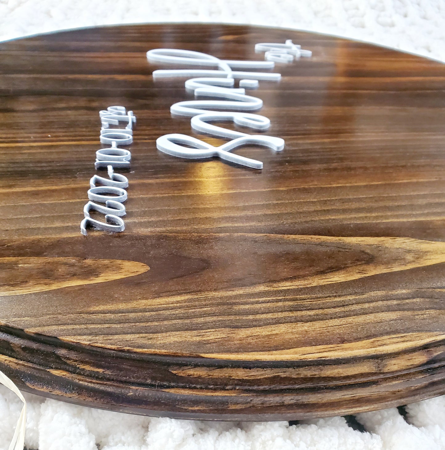 Close-up Round wedding guestbook alternative hanging on wall, 2 feet diameter, made in USA