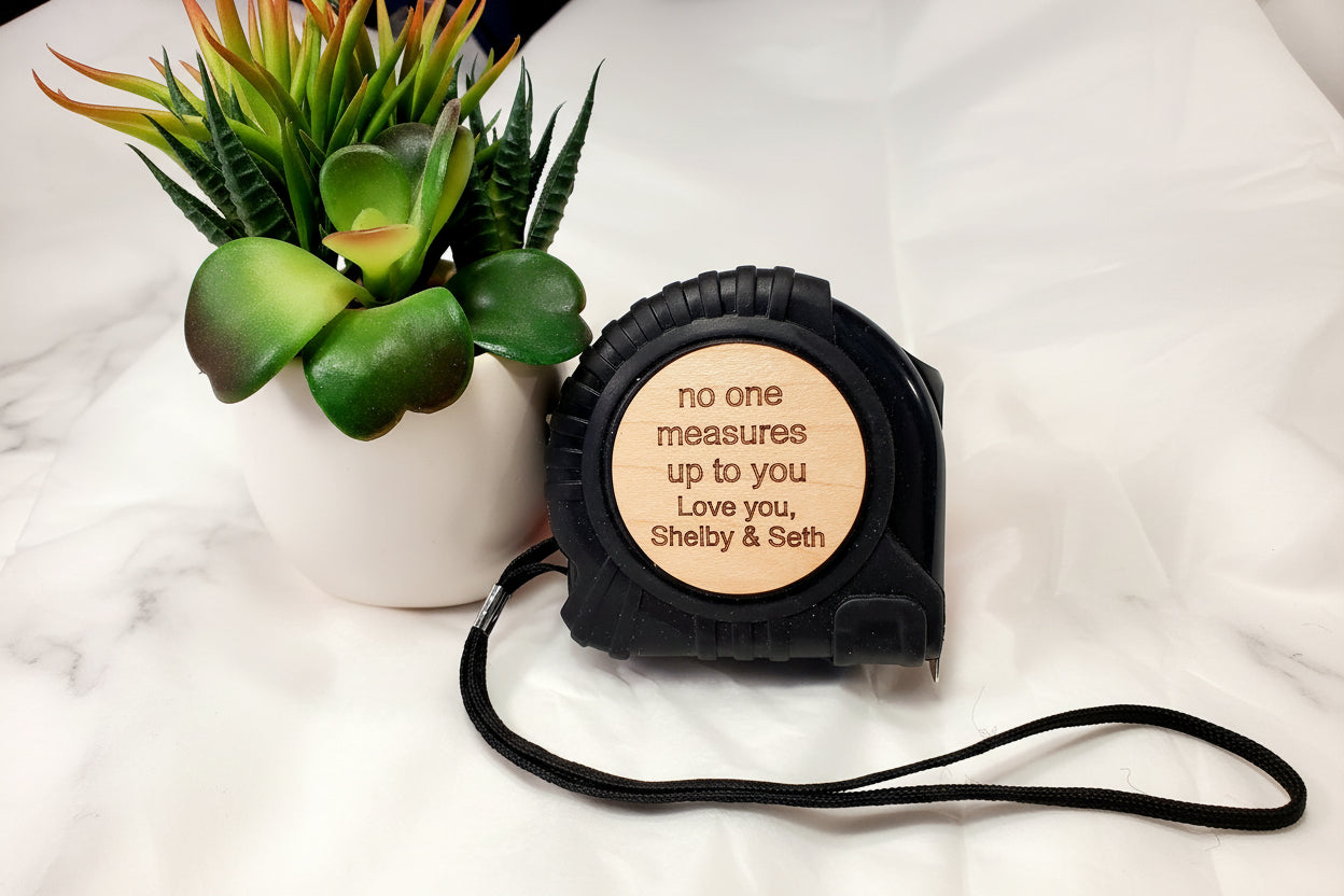Personalized measuring tape showing engraved message detail, thoughtful gift for dad or grandfather