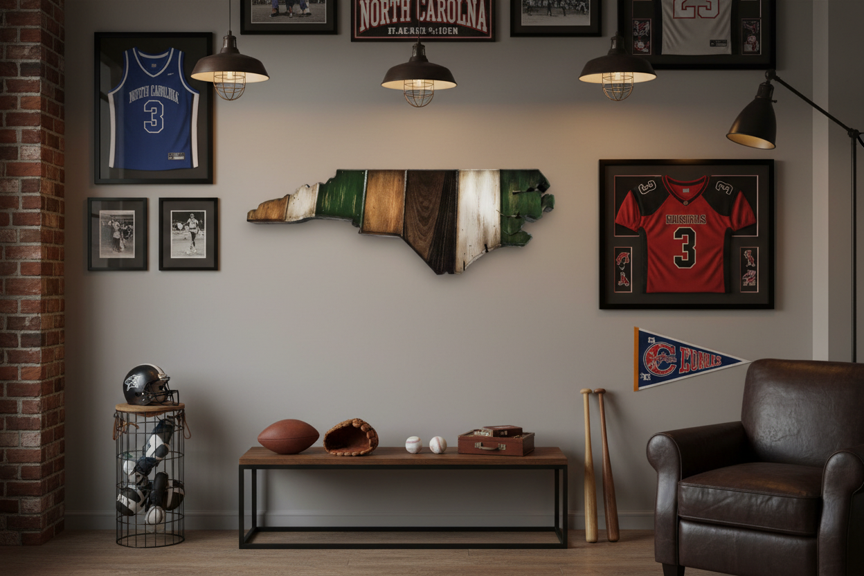 Large North Carolina Wooden wall art with green accent color in a state shaped map design on a white background in a sports room setting.