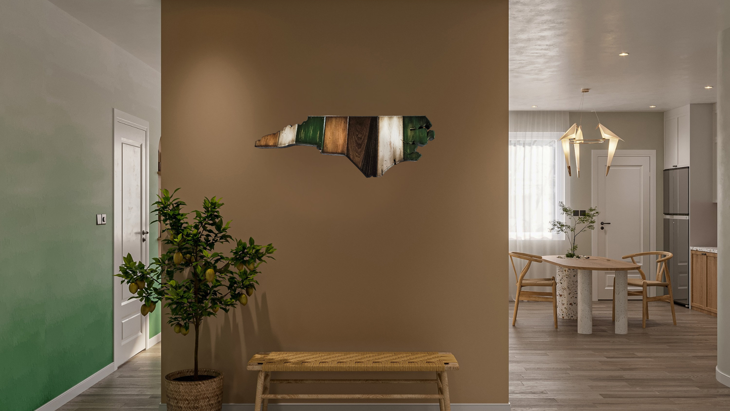 Handmade, rustic, large wooden North Carolina wall art hanging on the wall at the entryway.
