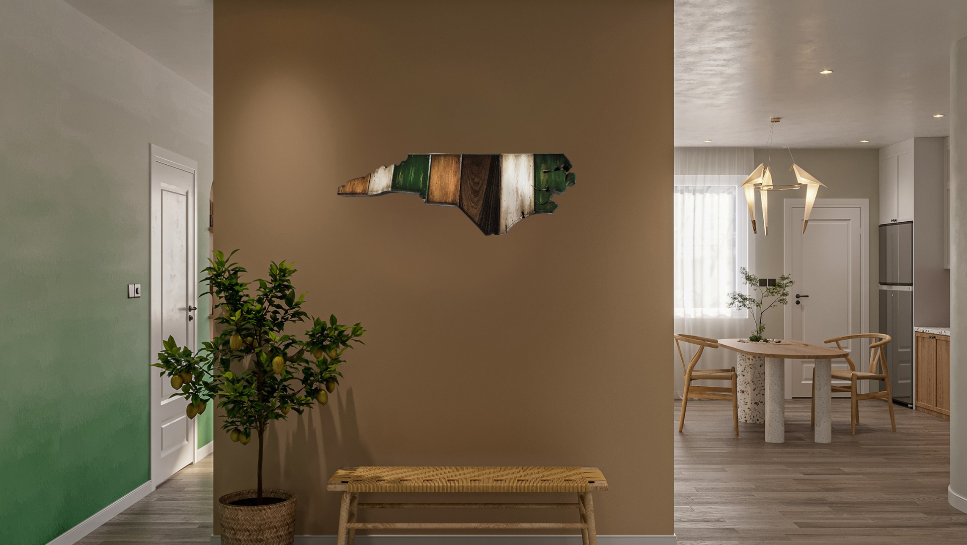 Handmade, rustic, large wooden North Carolina wall art hanging on the wall at the entryway.