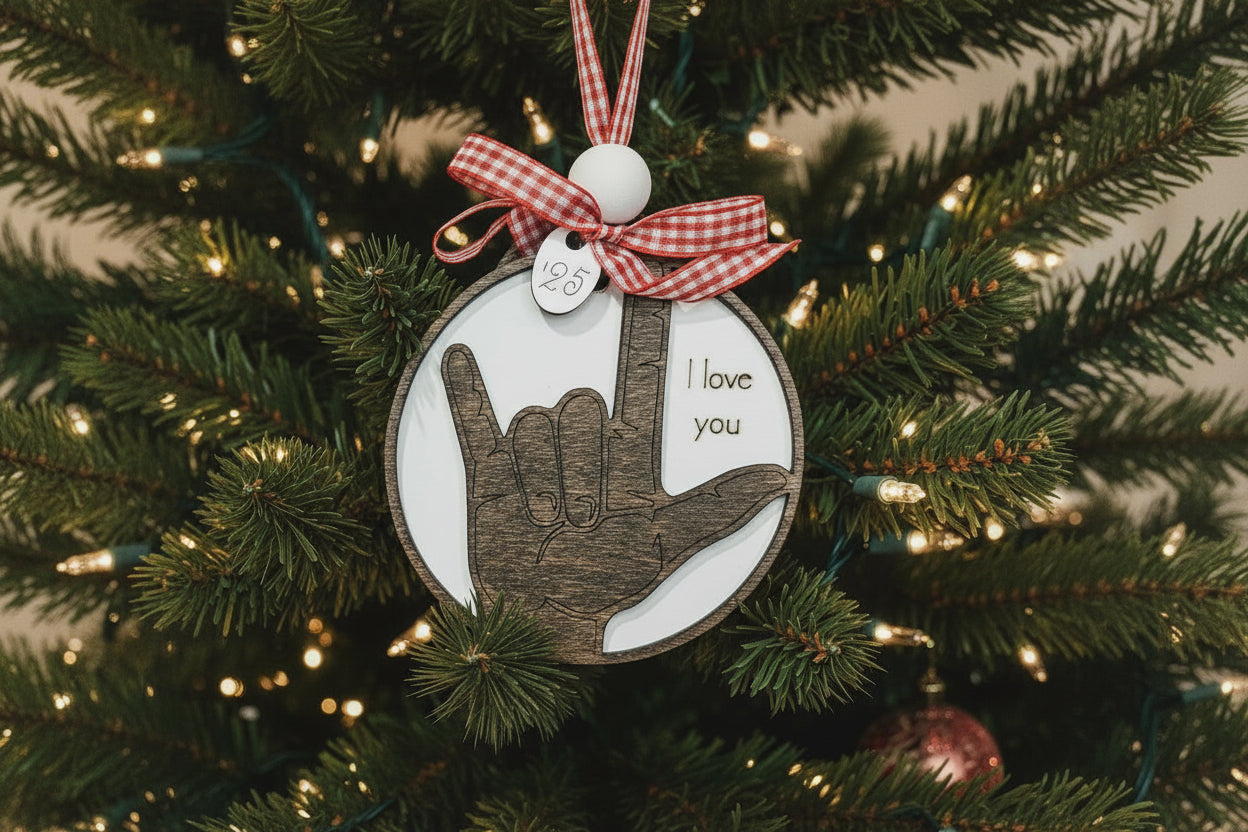 ASL I Love You ornament with dark hand sign and red buffalo check ribbon, 2025 year charm
