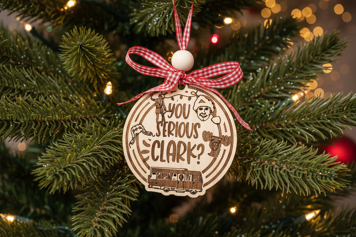 Decorative Christmas ornament with text 'You Serious Clark?' on a Christmas tree.