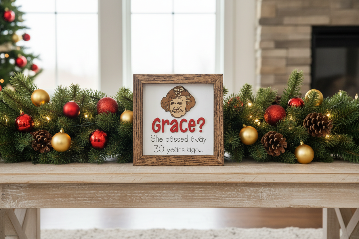 Decorative sign with a humorous message Aunt Bethany “Grace?” Wood Sign – National Lampoon’s Christmas Vacation surrounded by Christmas garland and ornaments on a table.