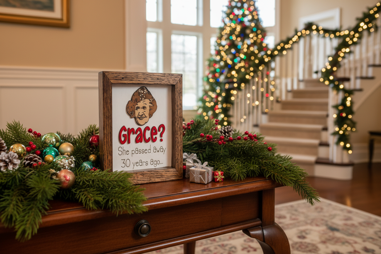 Decorative aunt Bethany sign with a Christmas tree and festive decorations in a home setting