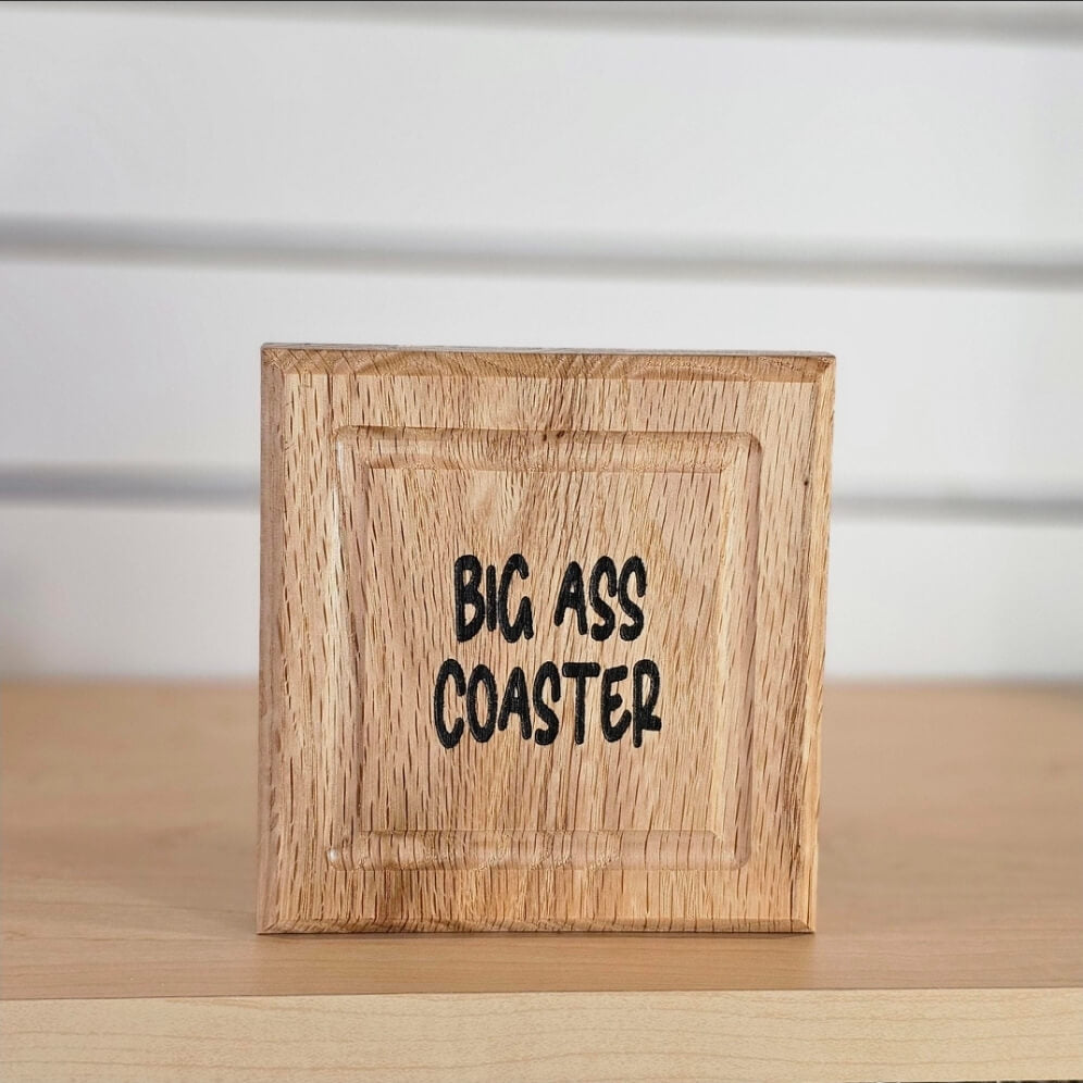 Rustic solid oak BIG Ass Coaster close-up with laser engraving, handmade wood coaster, groomsmen gift idea
