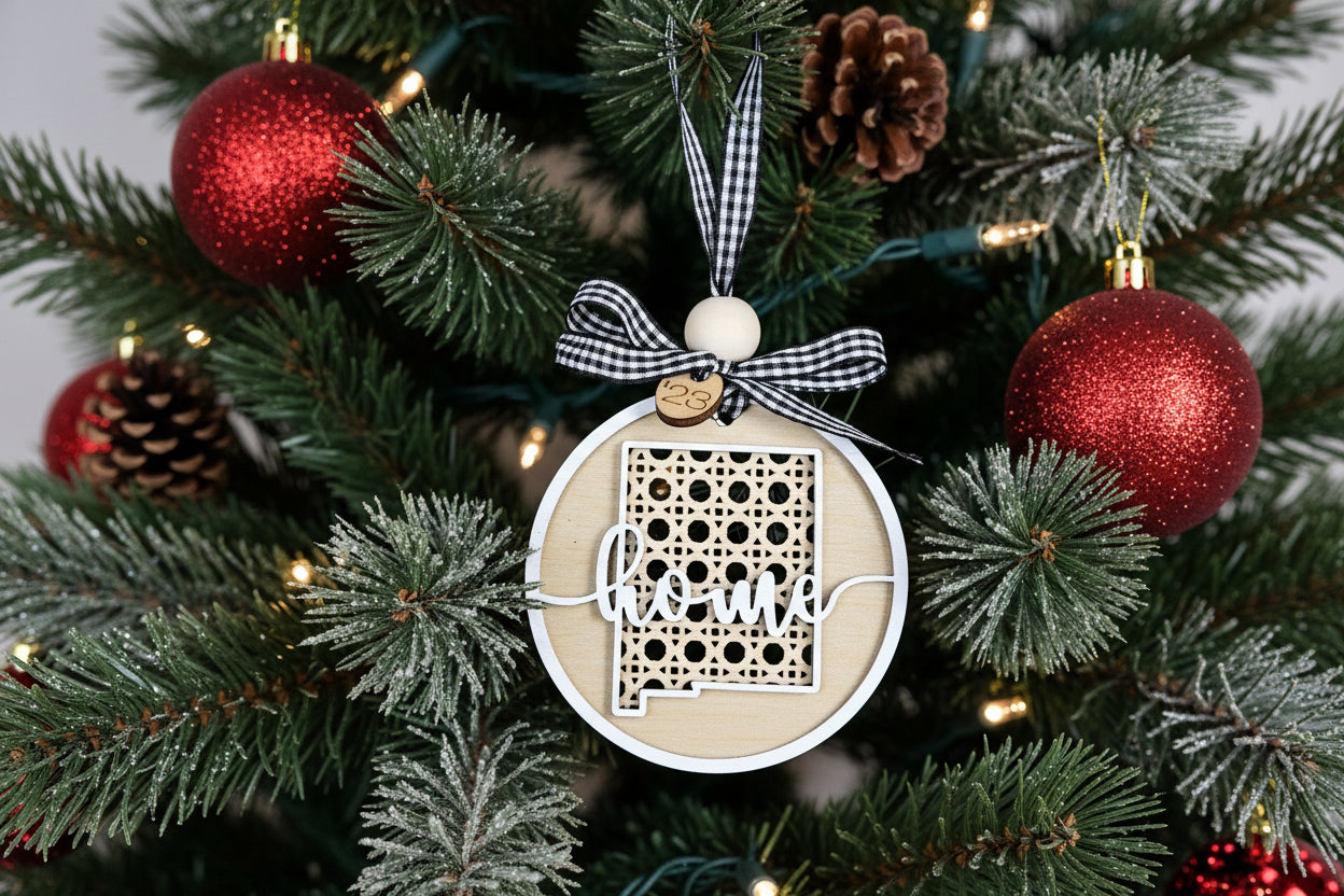BoHo state ornament with black plaid ribbon and rattan pattern, handcrafted in North Carolina
