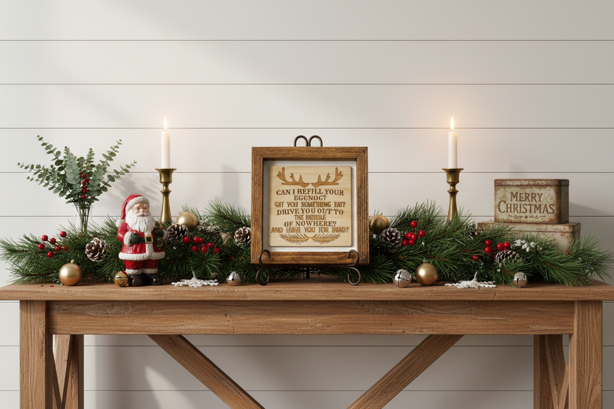 Decorative Christmas table setting with framed  funny sign from National Lampoon's Christmas Vacation, candles, and festive elements against a white wooden wall.