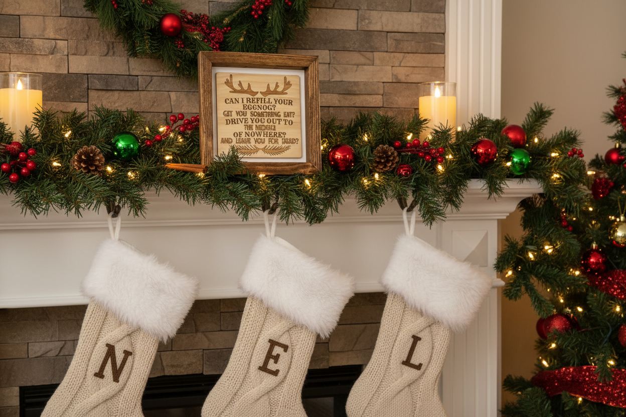 Decorative Christmas mantel with funny sign with quote from National Lampoon's Christmas Vacation movie. There's also stockings, garland, and candles.