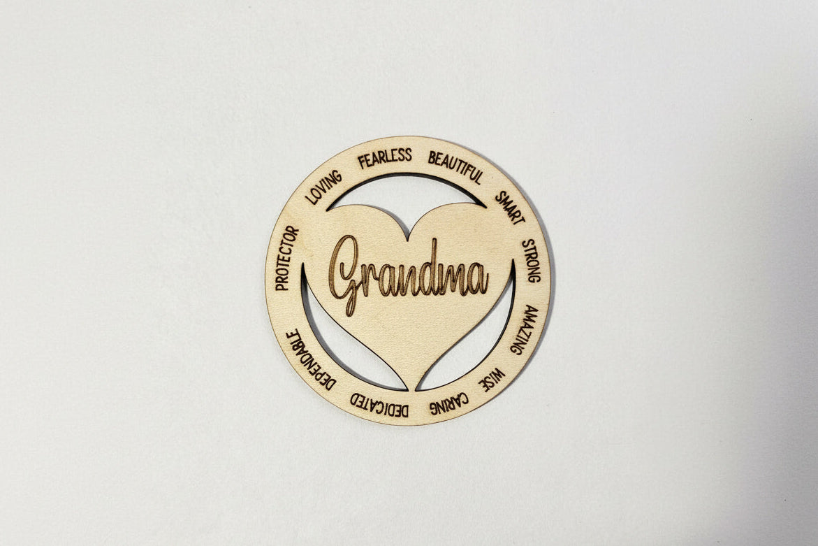 Personalized wooden Grandma refrigerator magnet with laser-engraved loving attributes on birch wood, handmade in North Carolina