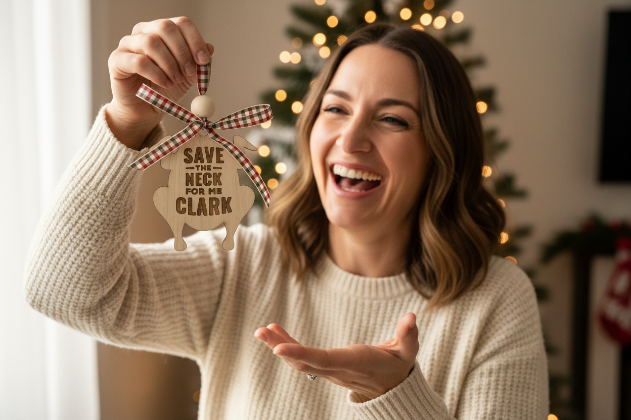 Woman holding a Christmas ornament shaped like a turkey with text "Save the Neck for Me Clark"setting
