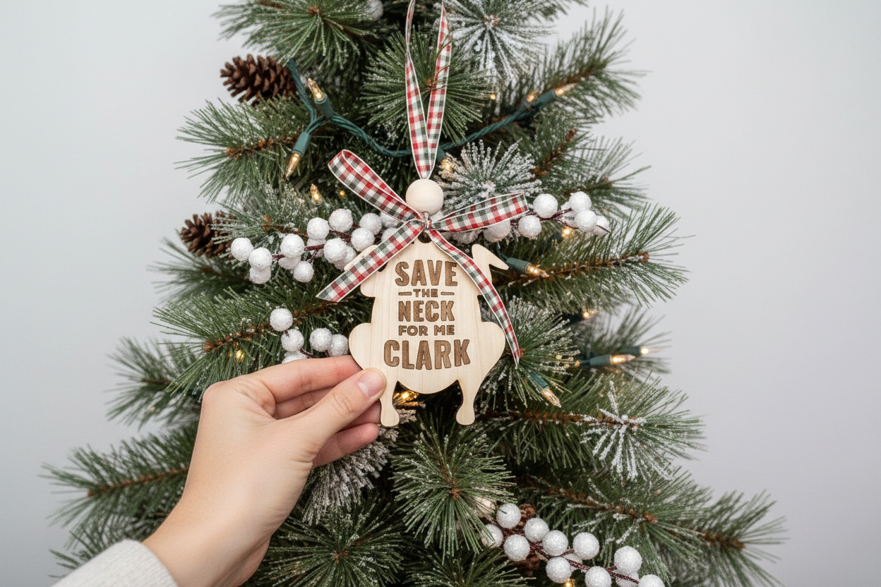 model hanging a Christmas ornament with text, "Save the Neck for Me Clark" against a decorated tree background
