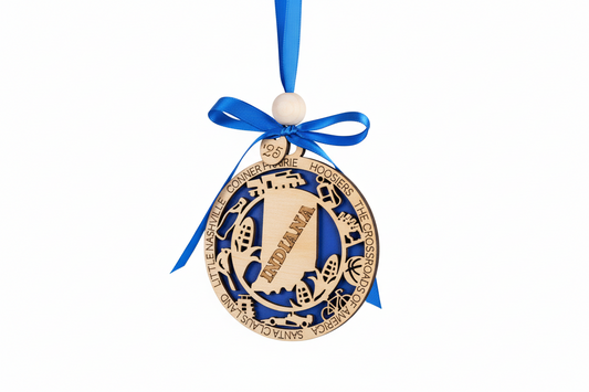Handcrafted Indiana state Christmas ornaments for all 50 US states with a current year charm and ribbon, made in North Carolina