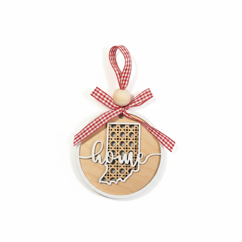 Indiana state ornament with the word Home cut across the front. Natural wood and white ornament with a red and white check ribbon.