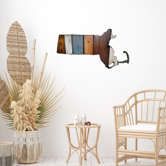 Large Massachusetts wood wall art with rustic farmhouse finish, multi-tone stain, handmade in USA
