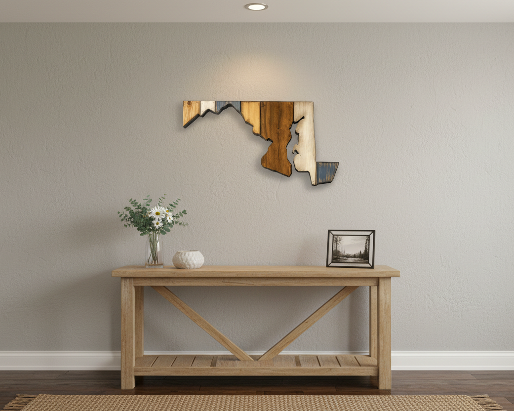 Maryland rustic wall art. Hand cut. Hanging over a accent table