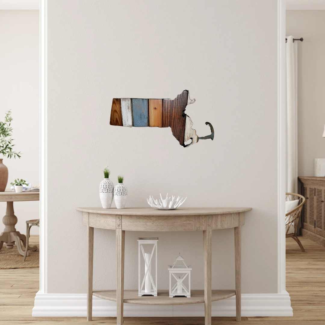 Massachusetts state cutout wall decor showing detailed shape with French blue and walnut stain
