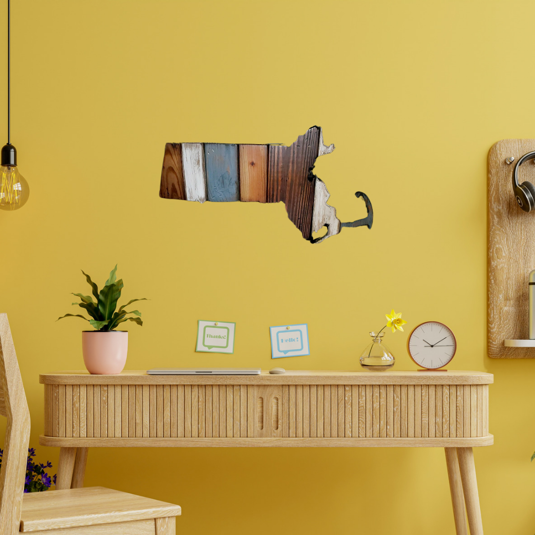 Rustic Massachusetts wooden wall art, perfect for home or office decor
