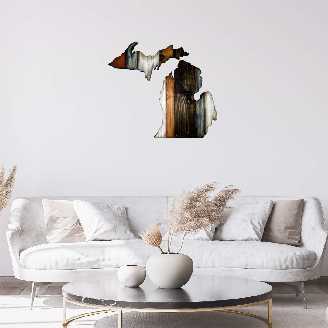 Rustic Michigan state wall art, handmade wood wall decor for farmhouse entryway or office, Michigan gift idea. Michigan wooden wall decor featuring both peninsulas, natural wood finish, perfect lake house gift
