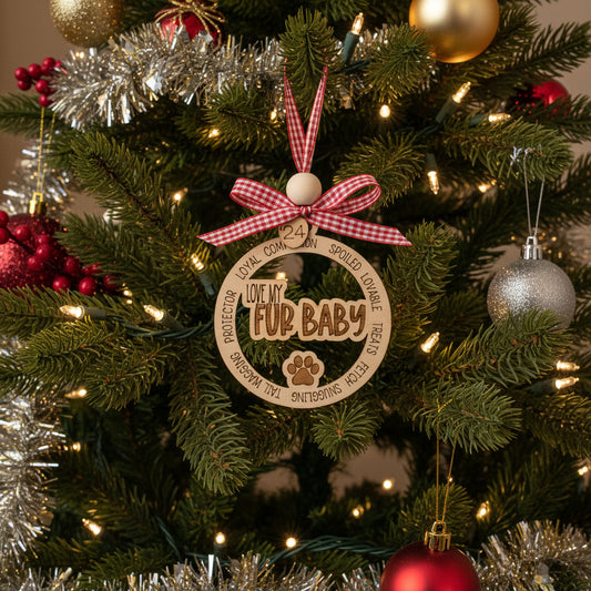 Love My Fur Baby ornament with engraved dog and cat attributes, birch wood with paw prints hanging from a holiday tree