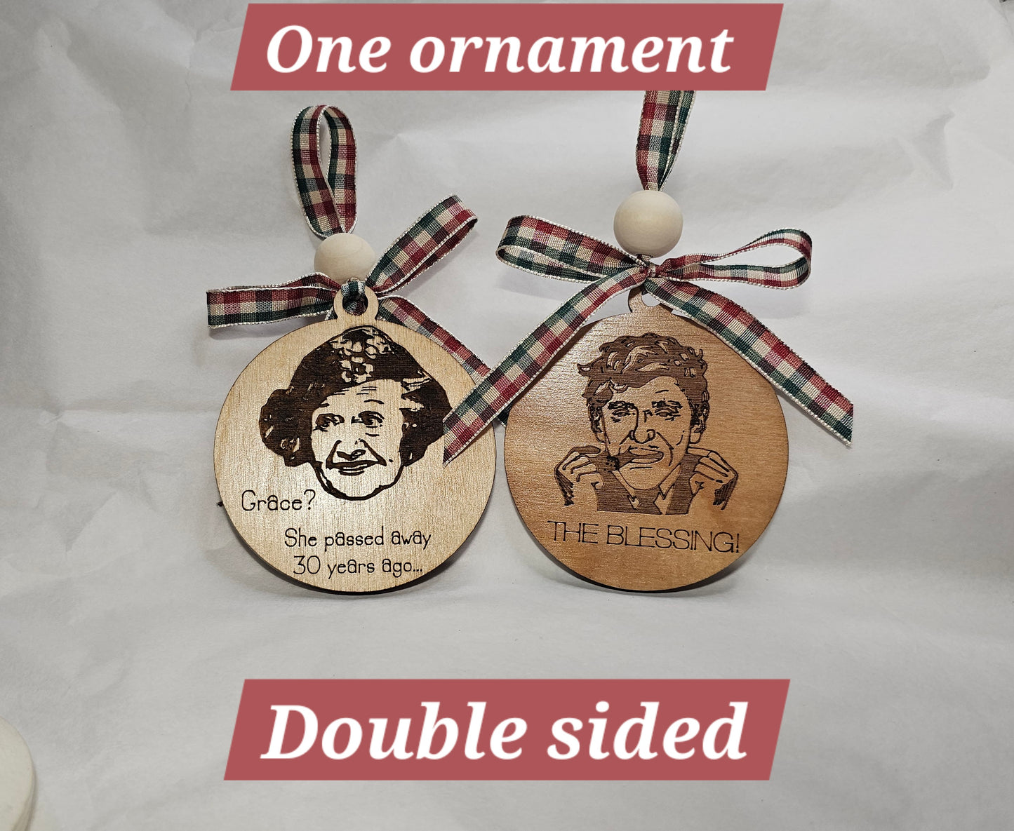 Double sided wooden ornaments with engraved faces and text from National Lampoon's Christmas Vacation on a white background
