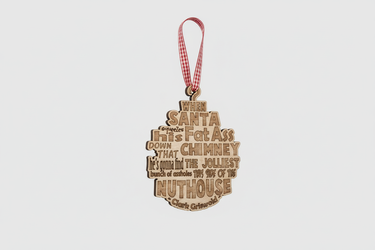 Decorative ornament with humorous text from National Lampoon's christmas vacation, on a plain background