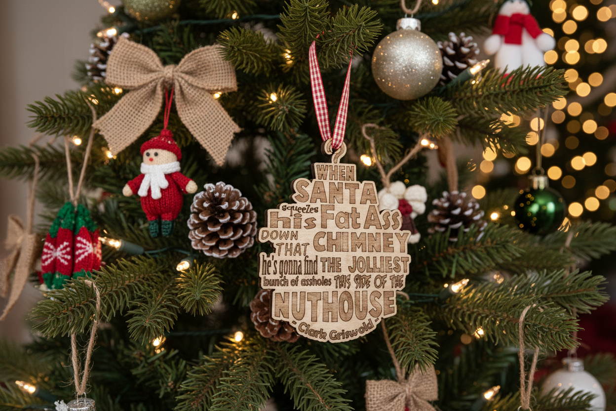 Decorative Christmas ornament with humorous text, When Santa Squeezes His Fat Ass,  Clark Griswold quote, 
on a Christmas tree.