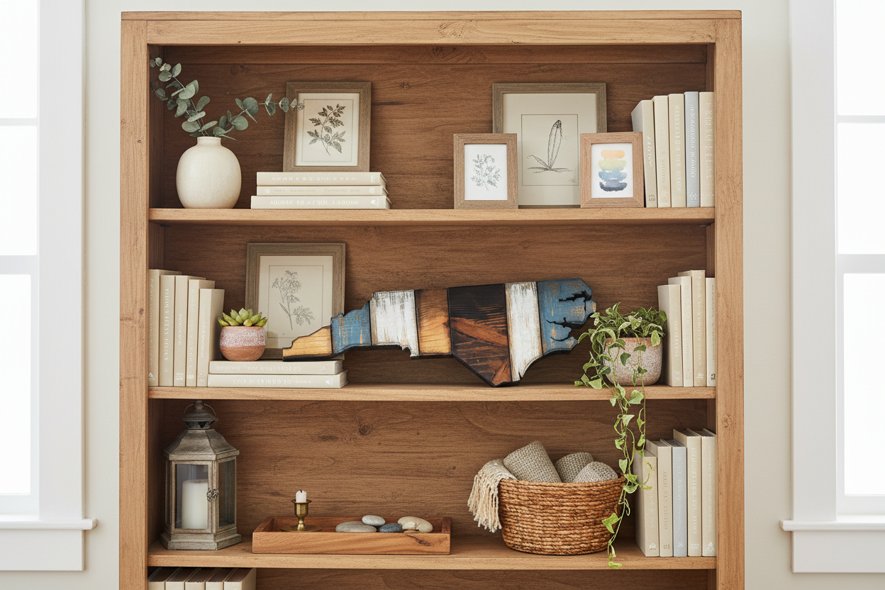 Wooden bookshelf with decorative items including a North Carolina handmade art piece, frames, and a woven basket.