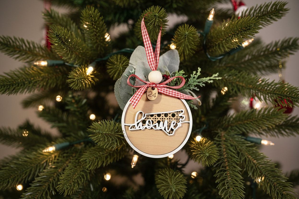 Decorative North Carolina Christmas ornament with poinsettia, greenery, and a ribbon on a holiday tree background.