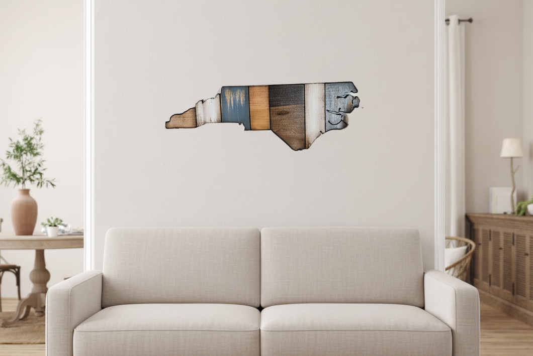 Living room with a beige sofa and decorative North Carolina rustic wall art with french blue as the accent color. Large size wall art