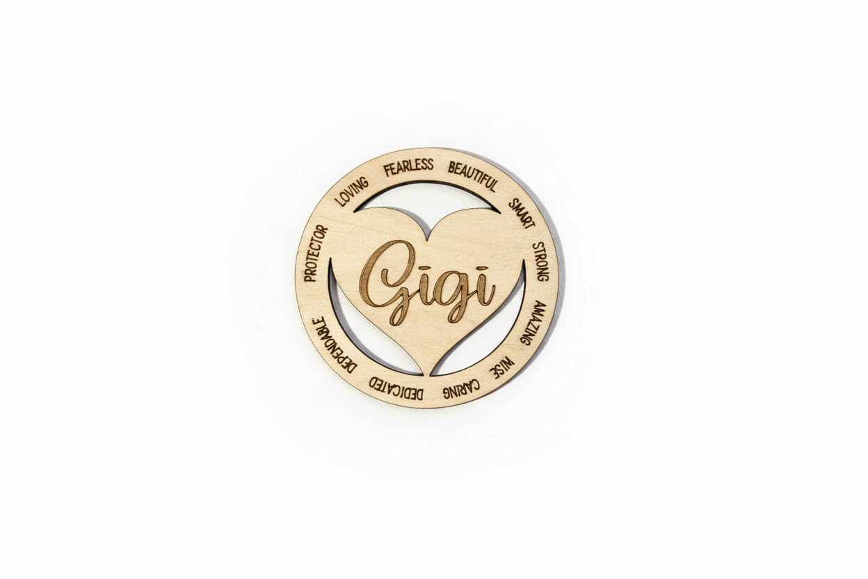 Close-up of Gigi wooden refrigerator magnet showing natural wood grain and laser-engraved text detail
