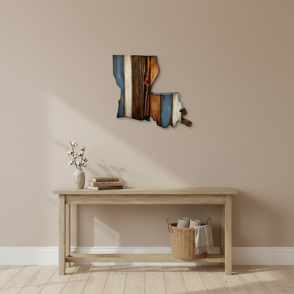 Large, rustic, wooden Louisiana state wall art hanging over a accent table