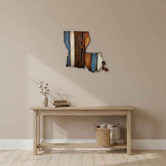 Large, rustic, wooden Louisiana state wall art hanging over a accent table