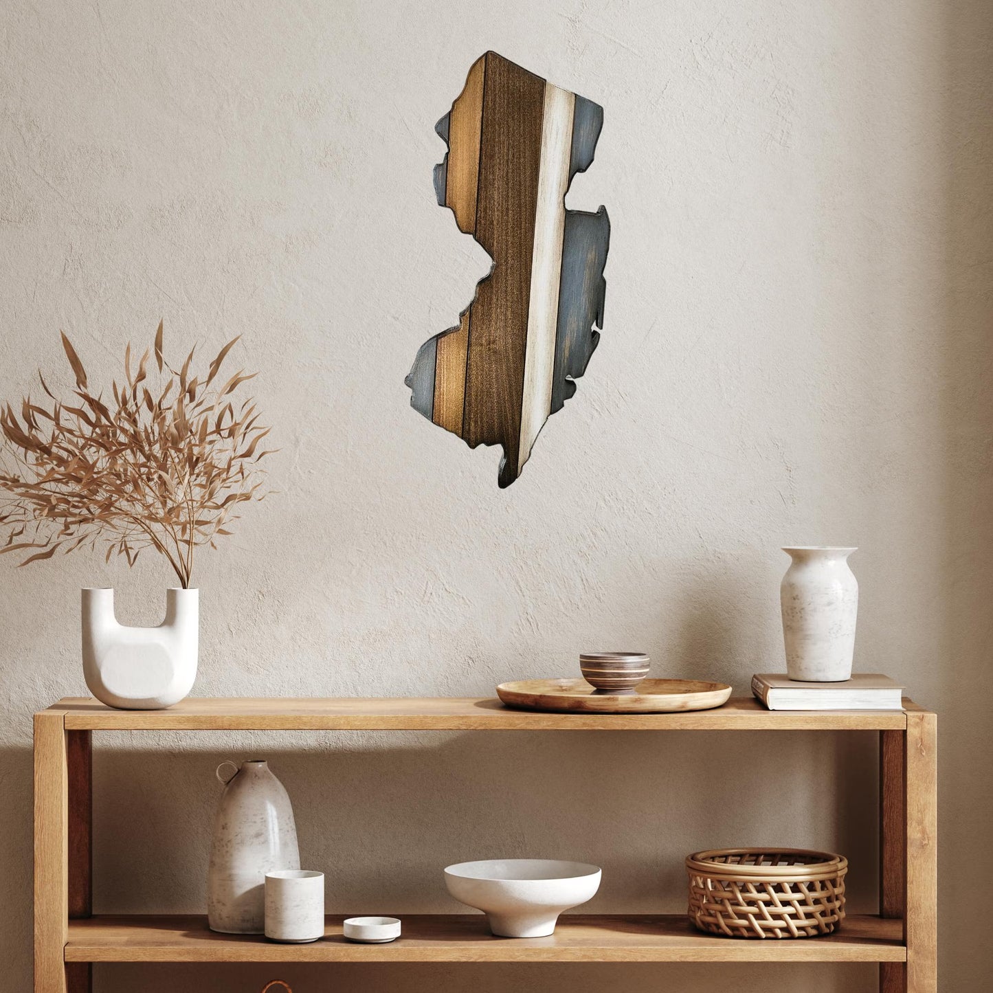 Rustic New Jersey wall art hanging on a neutral wall over an accent table