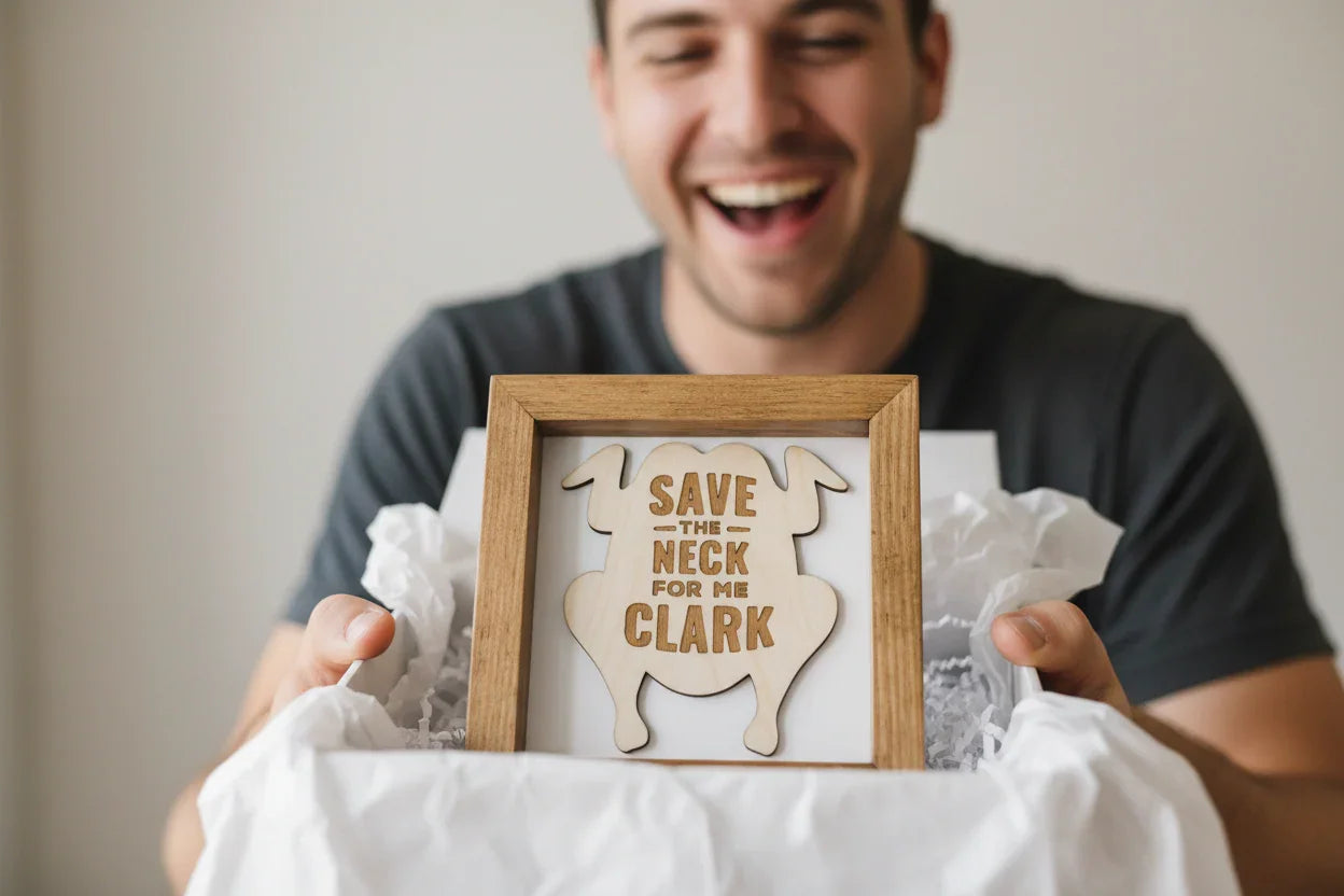 Funny gift being opened of Wooden frame with a cutout of a turkey and text 'Save the Neck for me Clark' on a white background, inspired by the classic movie National Lampoon's Christmas Vacation.