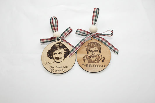 Double sided wooden ornaments with engraved faces and text  from National Lampoon's Christmas Vacation on a white background