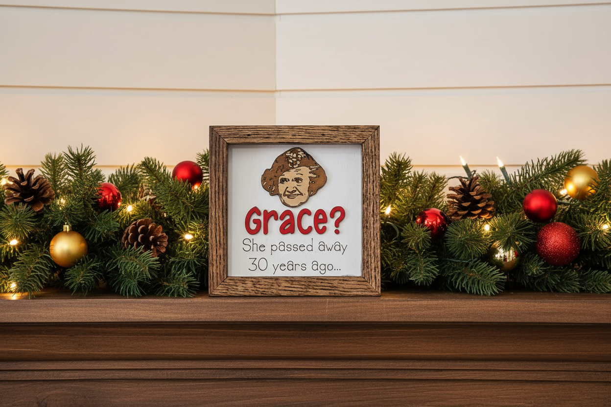 Wooden frame with a sign featuring aunt Bethany from the nostalgic movie, National Lampoon's Christmas Vacation. and text, placed on a wooden mantle.