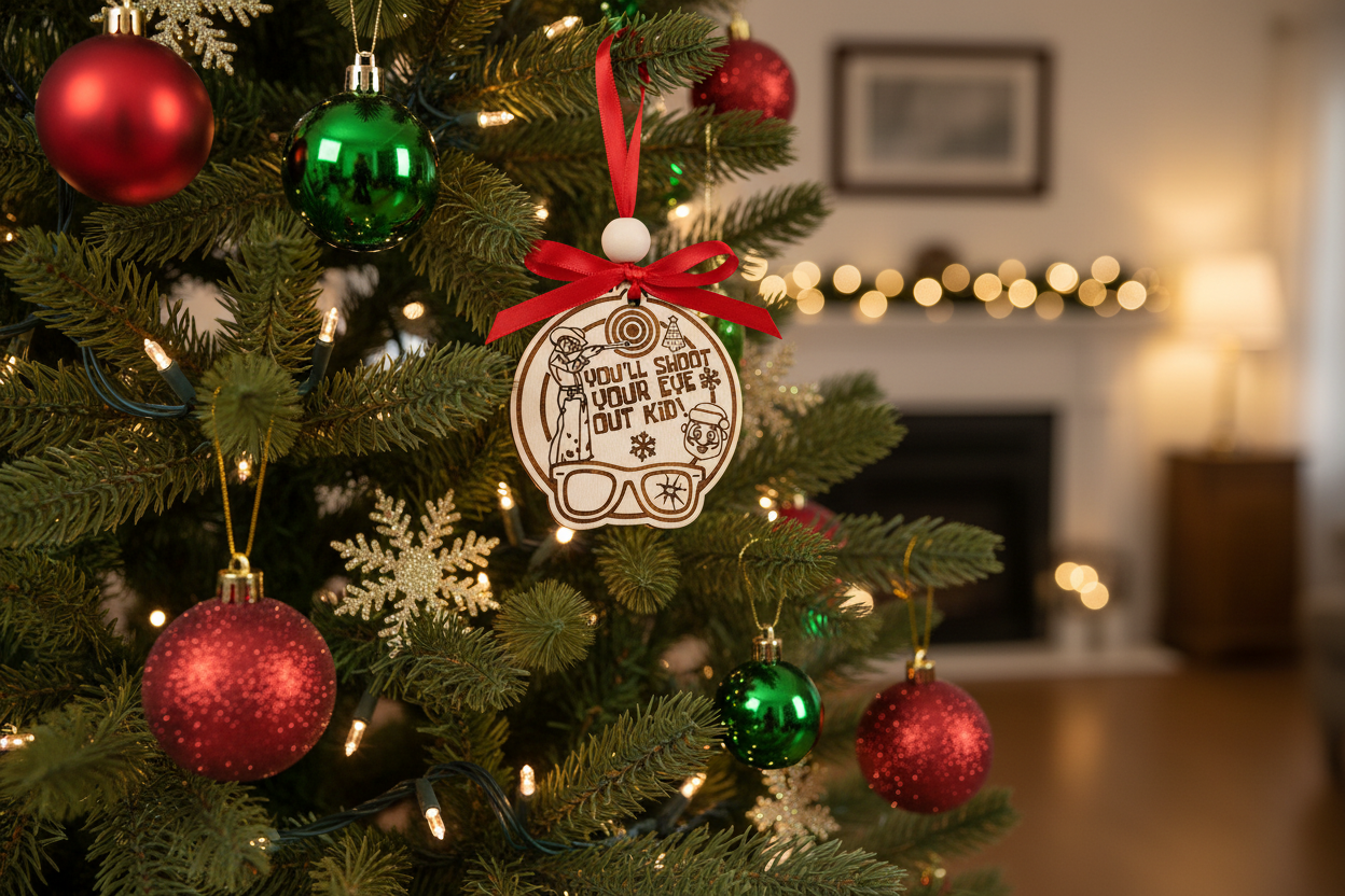 Decorated Christmas tree with ornaments and a You'll shoot your eye out kid ornament, in a home setting.