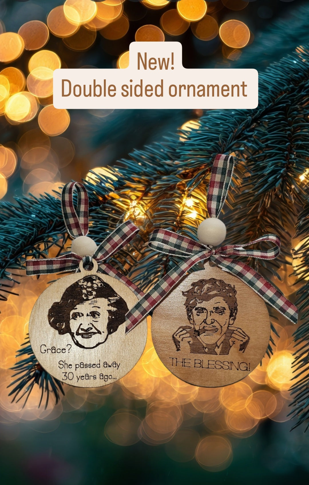 one double-sided Christmas ornament with engraved with aunt Bethany and uncle Lewis ornament on decorated tree.