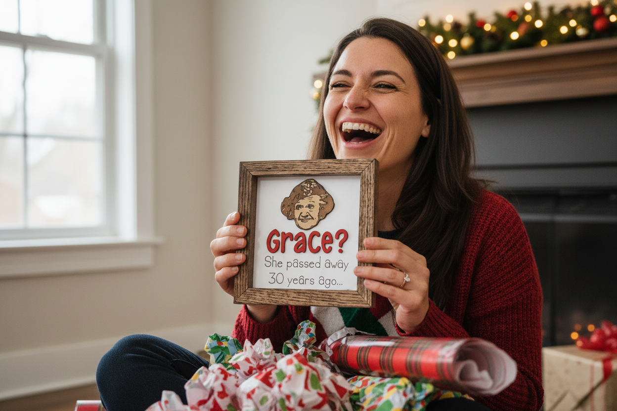Woman laughing, holding a framed picture of aunt Bethany with on of her many quotes from the movie, National Lampoon's Christmas Vacation, in a festive indoor setting