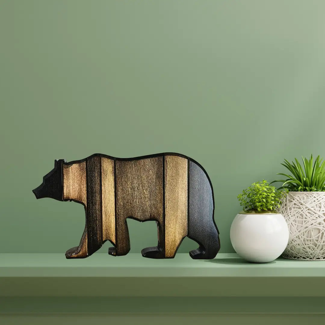 Small rustic bear wall art handcrafted wood farmhouse decor mounted on wall above shelf