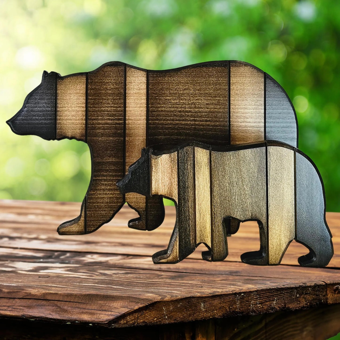 Rustic bear wall art two size comparison small and medium handcrafted wood farmhouse decor
