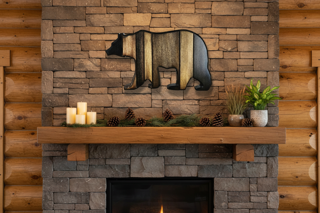 Stone fireplace with a handcrafted, rustic bear wall hanging over the fireplace and decorative items.